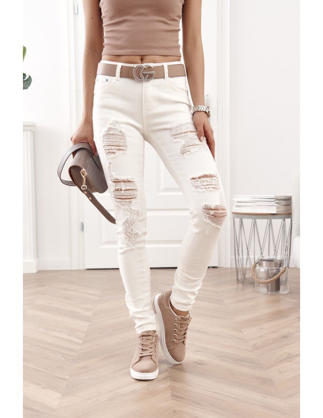 Tailored jeans with holes, cream 015 - Online store - Boutique